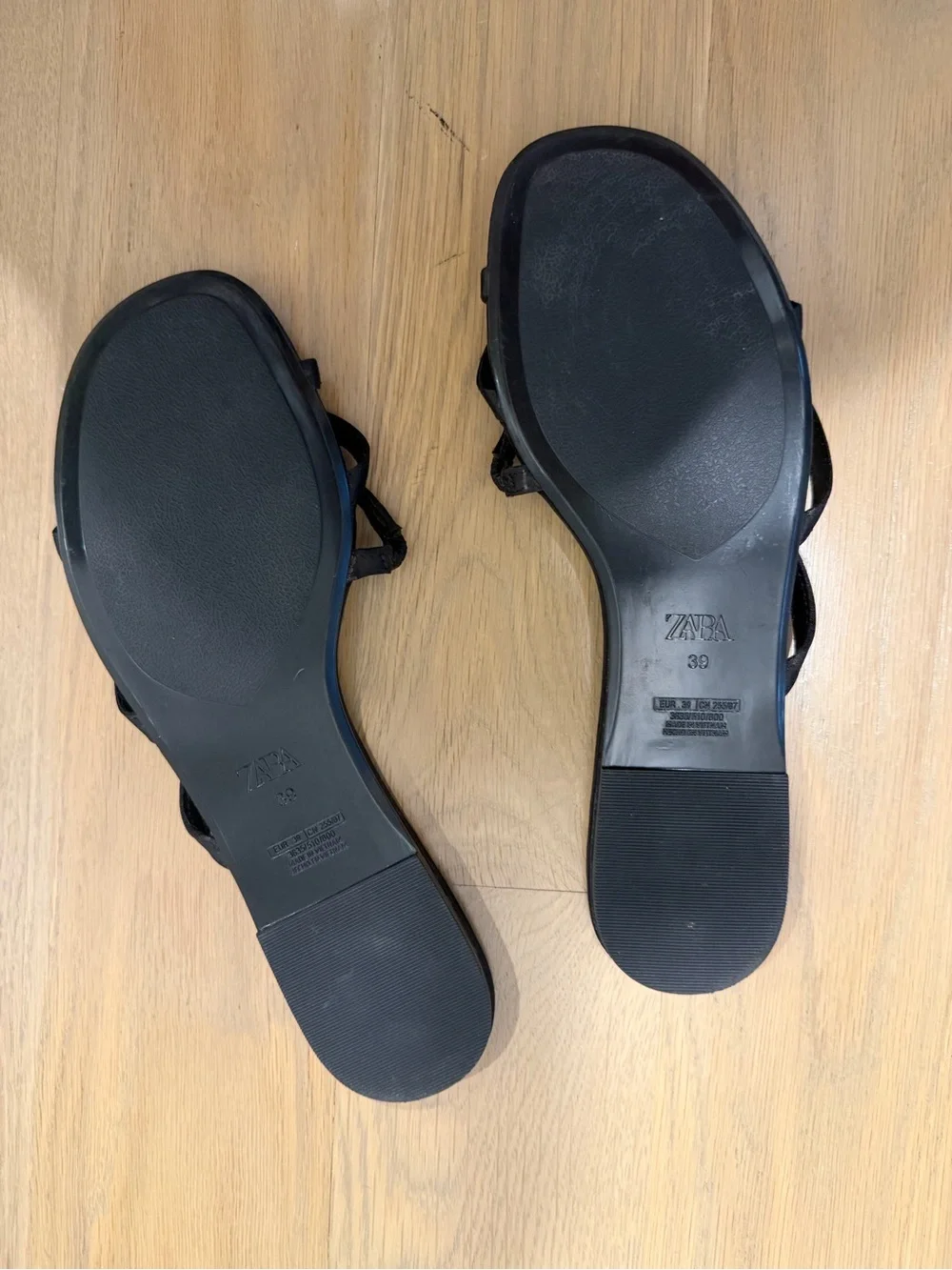 ZARA Black Strappy Mules with White Rosette Accents